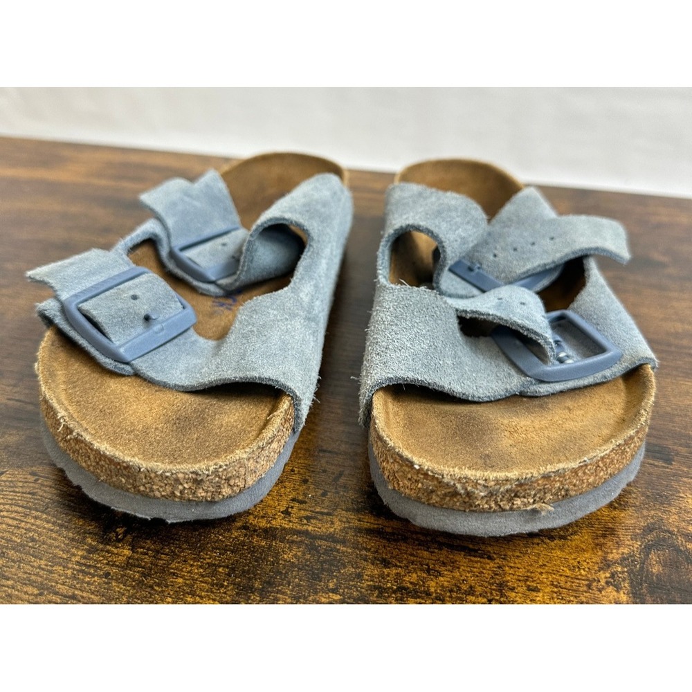 Birkenstock Arizona Soft Footbed Suede Sandals Buckle Blue Slides Size 38 L7 M9 - Picture 3 of 14
